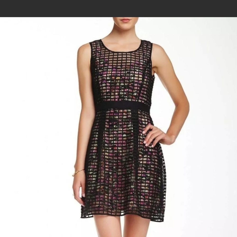 Jessica Simpson Mesh Overlay Floral Dress Size 4 Black Sleeveless
